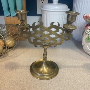 Vintage Etched Brass Double Candlestick Table Decoration